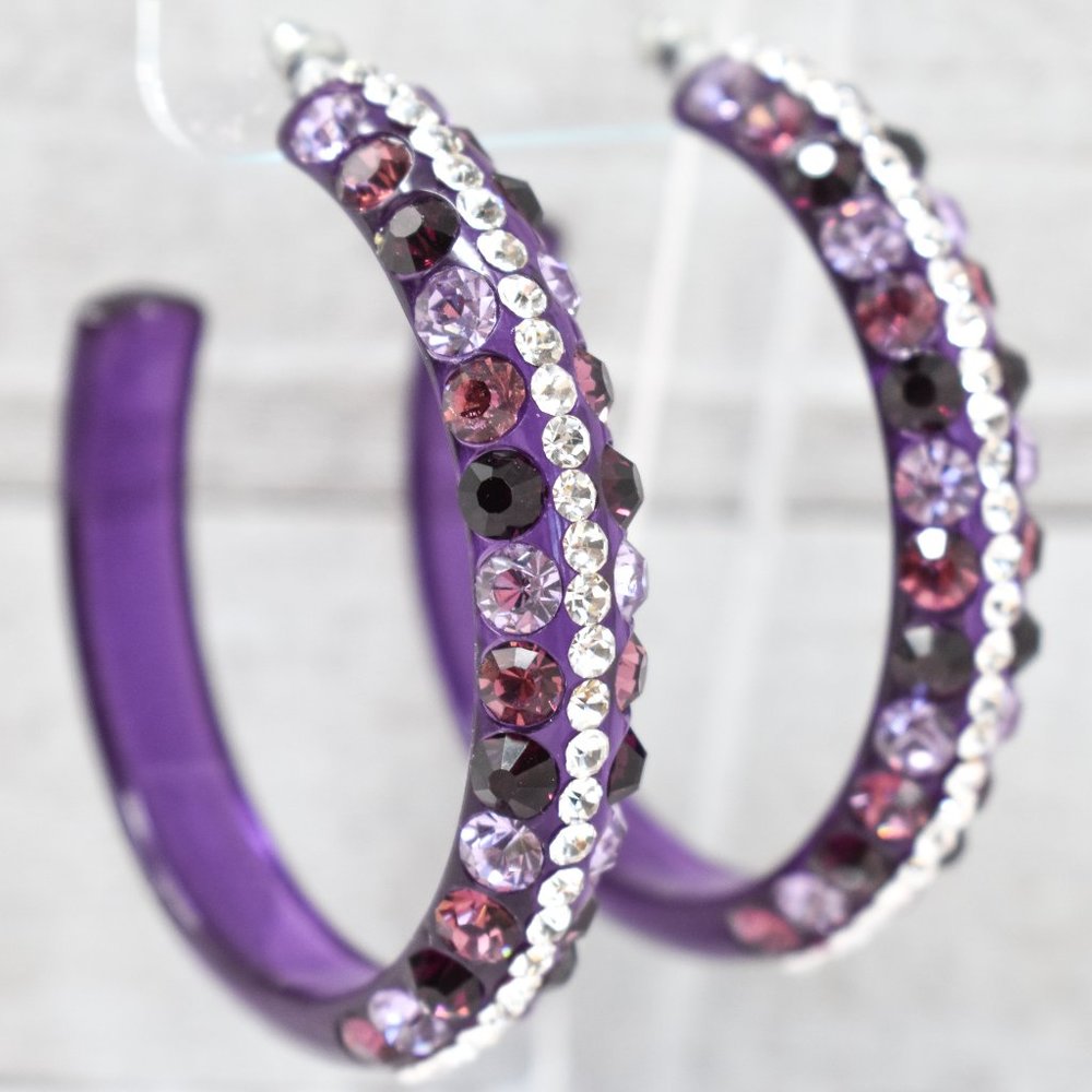2.5" Clear Purple Lucite Rhinestones Hoop Earrings